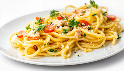 Delicious plate of pasta garnished with fresh herbs, culinary delight