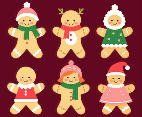 Cute gingerbread people on maroon background