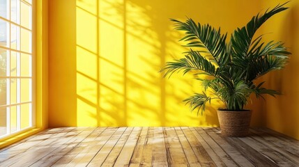 Fototapeta premium Sunny yellow room with plant and wooden floor.