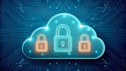 Cloud technology digital data concept. Cloud security concept with locks and digital circuitry in a futuristic design.