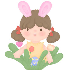 Cute Easter illustration of a girl with bunny ears searching for eggs in spring grass spring