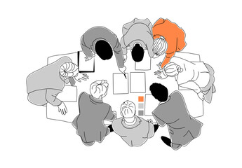 Business team members working together top view. Set of businessmen, businesswomen cartoon characters discussing, brainstorming. Vector simple outline illustration Isolated 