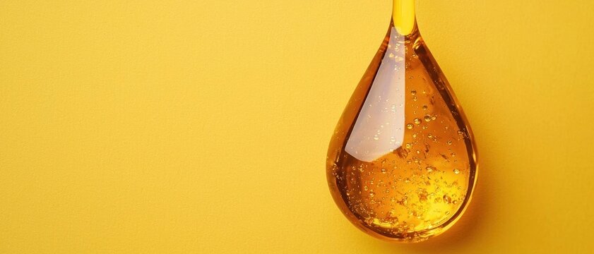 A vibrant drop of golden liquid with botanical elements inside, antioxidant extract, nature s beauty elixir