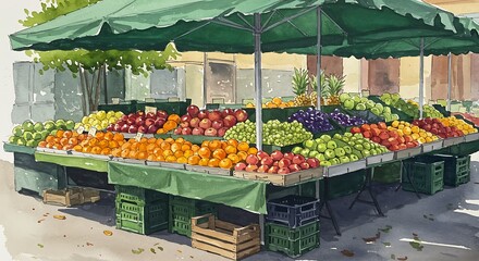 outdoor farmers market, fresh produce stand, colorful fruits and vegetables, green canopy tents, wooden crates, vibrant display, oranges, apples, tomatoes, peppers, sunny day, urban setting, realistic