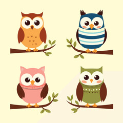 Fototapeta premium Four colorful cartoon owls on branches with leaves