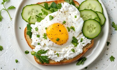 Toasted bread topped with cottage cheese, fried egg, cucumber, and parsley.
