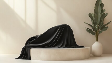 Mysterious black cloth draped over object on minimalist platform.