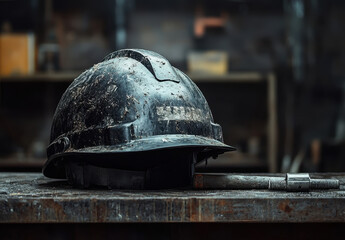 Wet Black Hard Hat on Rusty Metal Table in Dark Workshop