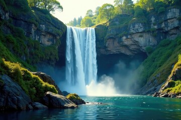 Naklejka premium Shimmering waterfalls cascading down a rocky cliff, natural wonders, serene landscape, shimmering water