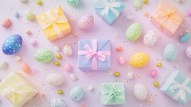 A charming array of pastel - colored Easter gifts with satin bows, along with glitter - speckled Easter eggs, are scattered on a soft pink background adorned with golden confetti, festive Easter scene