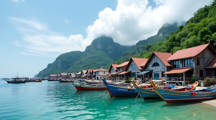 Coastal village with colorful boats docked along the shore and mountains in the background