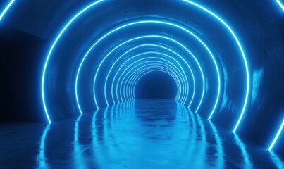 Fototapeta premium Futuristic Tunnel with Glowing Blue Neon Lights Reflecting on Wet Floor in a Dark Environment Featuring a Sci-Fi Ambiance and Electric Vibes