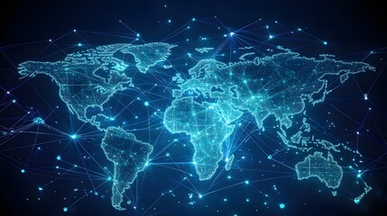 A world map with interconnected nodes, symbolizing global connectivity, overlaid with subtle cybersecurity.represents global cybersecurity, data protection, secure networks and digital connectivity