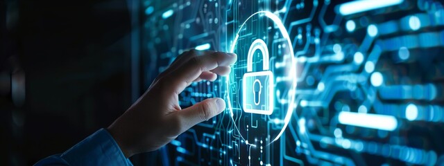 Business hand touching a holographic padlock for secure digital access