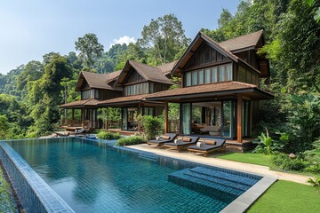 A group of two to three-bedroom villas with private pools around a poolside in lush green gardens at Hinterland Yao Noi Village Hotel, Chiang Mai