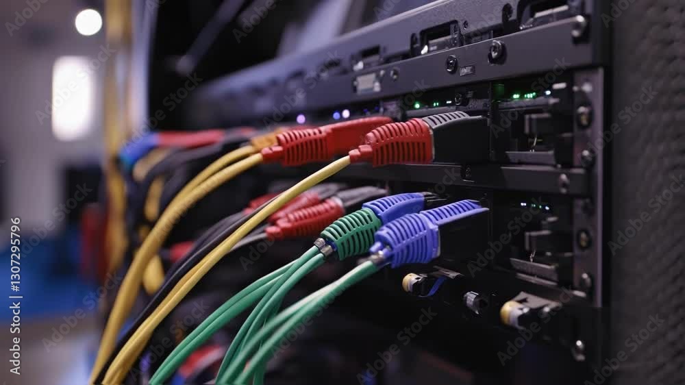 Poster colorful ethernet cables plugged into a network server rack blink with activity lights, indicating d