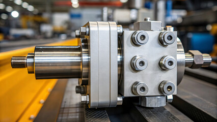 Obraz premium Industrial Hydraulic Pump Component in Modern Factory Setting with Machinery Background