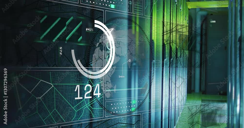 Poster digital interface with data processing animation over server room background