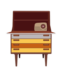 Wooden cupboard with open door, shelves, radio receiver, Natural living room Furniture. Retro style, mid century modern colorful icon for apartment design, interior plan. Vector illustration isolated.