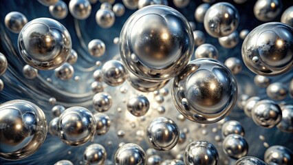 A cluster of silver slime orbs suspended in mid-air amidst a swirling vortex of metallic debris, sci-fi, metallic, orbital motion, abstract
