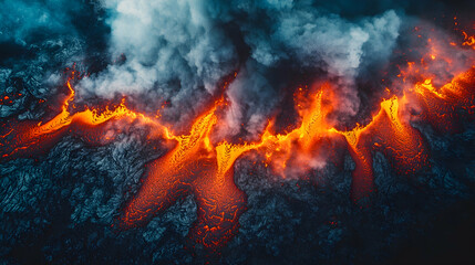 Aerial view of flowing lava and smoke.
