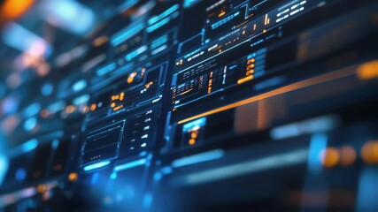 Complex digital interface displaying various data streams, metrics, and performance indicators, creating a dynamic visualization of information processing in a futuristic server room - Powered by Adobe