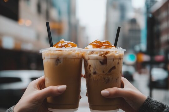 Two iced caramel lattes in hands with cityscape background
