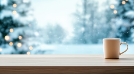 Cozy Winter Scene with Coffee Mug on Wooden Table