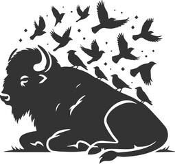 Buffalo resting with birds on its back animal vector silhouette