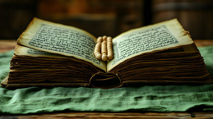 Obraz premium Antique book with wooden beads on green cloth.
