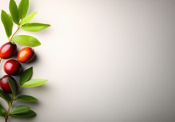 Fresh red berries with green leaves arranged on a light background for culinary and natural themes