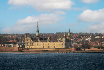 View of Kronborg Castle from Oresund strait in Denmark. Shakespeare Hamlet castle.