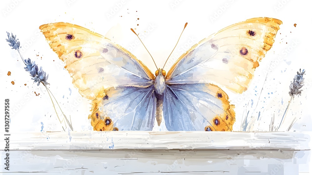 Poster ethereal watercolor butterfly with swirling purple wings in serene natural setting a dreamlike whims