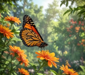 Obraz premium a colorful monarch butterfly sips nectar from an orange flower in a garden scene with blurred trees and flowers, movement, orange flower, monarch butterfly