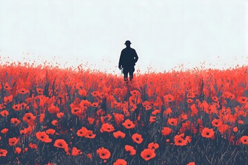 Field of red poppy flowers with soldier silhouette. Remembrance Day, Memorial Day background. Anzac day, lest we forget. National public holiday.
