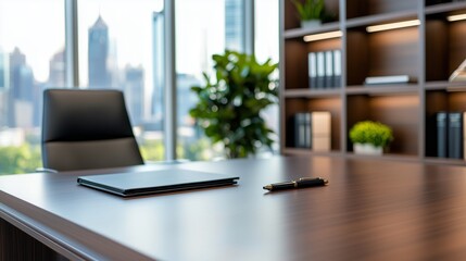 Naklejka premium Modern Office Workspace with City View and Desk