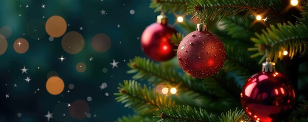 Fototapeta premium Sparkling ornaments on the Christmas tree's branches,, shining stars, festive decoration