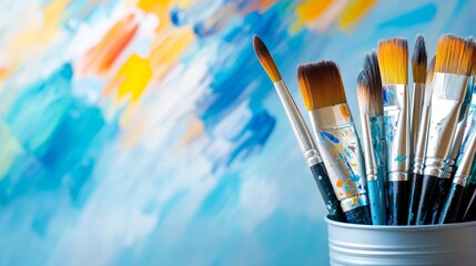 Fototapeta premium A vibrant collection of paintbrushes in a can, set against a colorful abstract background