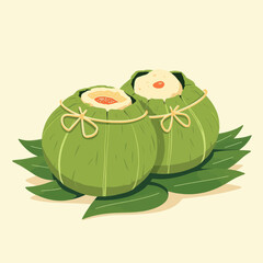 Two round zongzi on green leaves illustration