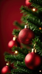 Sparkling red and gold ornaments on a Christmas tree, festive, red