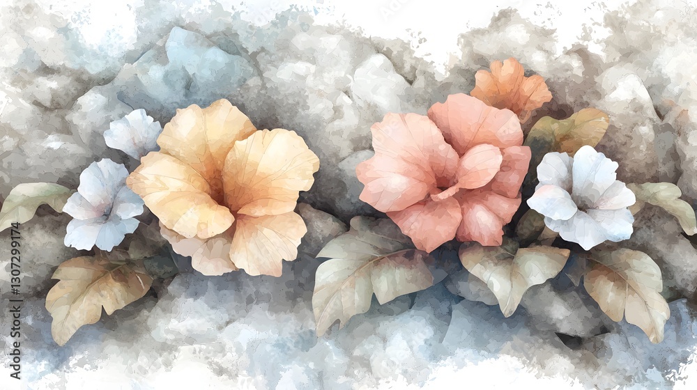 Aufkleber A mesmerizing botanical watercolor composition featuring a blend of vibrant pink and orange flowers highlighted with soft delicate detailing and expressive