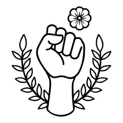 March Eight International Women's Day Illustration with Raised Fist, Laurel Branches, and Flower in Black and White Vector Art