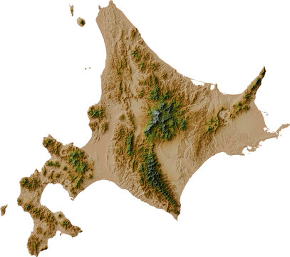 Colored terrain map of Hokkaido island, Japan