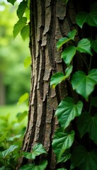 Obraz premium Tree's bark is weathered from years of wind and rain, weathered, leaves