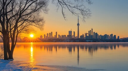 Naklejka premium Toronto Skyline Sunrise: A Winter's Day Reflection