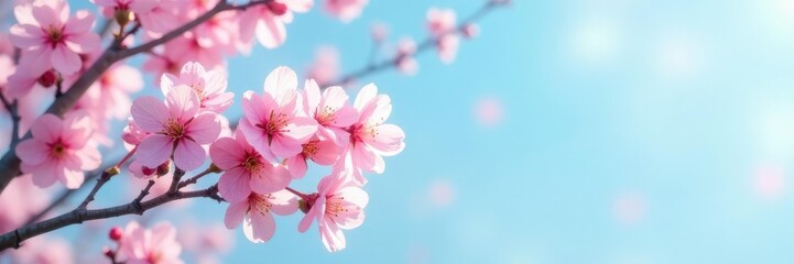 Obraz premium Pastel pink sakura branches against a soft blue sky, spring, branch