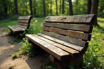 Naklejka premium Two Wooden Park Benches in a Green Forest Setting