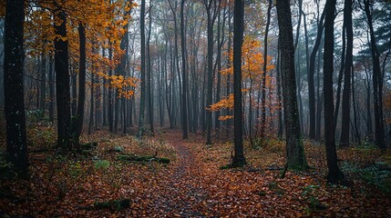 Obraz premium A misty autumn forest path surrounded by tall trees and leaves