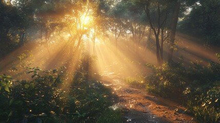 Fototapeta premium A serene forest scene illuminated by golden rays of sunlight filtering through lush trees, creating a tranquil and magical atmosphere.