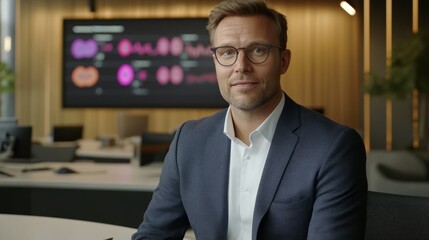 Fototapeta premium Professional man in modern office with data visualization background